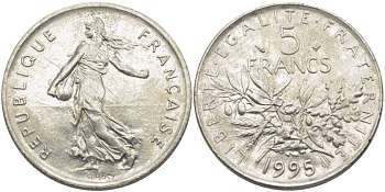 ФРАНЦИЯ 5 ФРАНКОВ 1995 СЕЯТЕЛЬ KM 926а.1, LE FRANC 341.31 медно-никель плакированный никелем 111-1146