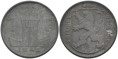 Бельгия 1 франк 1946 BELGIE-BELGIQUE, немецкая оккупация KM 128 цинк 4592-512