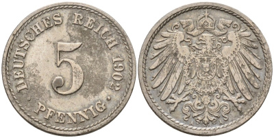 Германия 5 пфеннигов 1902 A KM 11, J. 12 медно-никель 4151-434