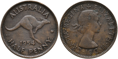Австралия 1/2 пенни 1954 p, Елизавета II (1952-2022), кенгуру KM 49 бронза 91-614