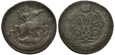 Россия 2 копейки 1757 перечекан, красный монетный двор, Елизавета Петровна (1741-1762) Биткин 391 медь 1103-7-13