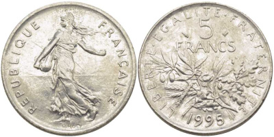 ФРАНЦИЯ 5 ФРАНКОВ 1995 СЕЯТЕЛЬ KM 926а.1, LE FRANC 341.31 медно-никель плакированный никелем 111-1146