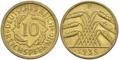 ГЕРМАНИЯ 10 РЕЙХСПФЕННИГОВ 1935 G, KM 40, J. 317 алюминиевая бронза UNC 73-315