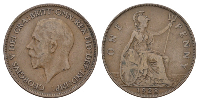 Великобритания 1 пенни 1928 Георг V (1910-1936) КМ 826, Spink 4054 бронза 4131-531