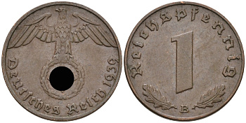 Германия 1 рейхспфенниг 1939 B KM 89, J 361 бронза 4392-749