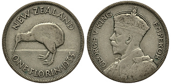 Новая Зеландия 1 флорин 1933 Георг V (1910-1936), птичка киви KM 4 серебро 272-1133