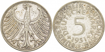 ФРГ 5 МАРОК 1951 F, J. 387, KM 112.1 серебро 115-1026