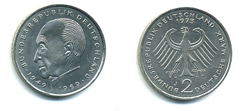 ФРГ 2 МАРКИ 1973 J, КОНРАД АДЕНАУЭР KM 124, J. 406 медно-никель плакированный никелем плакированный никелем UNC 53-1242