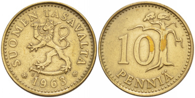 ФИНЛЯНДИЯ 10 ПЕННИ 1963 ПЕРВЫЙ ГОД KM 46 алюминиевая бронза 4548-253