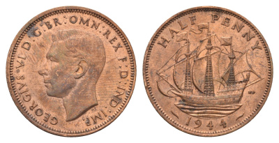Великобритания 1/2 пенни 1944 Георг VI (1936-1952) KM 844, Spink 4115 бронза 4699-424