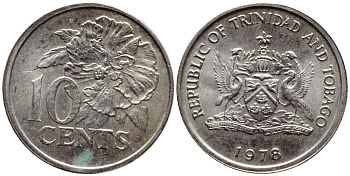 Тринидад и Тобаго 10 центов 1978 цветок гибискуса KM 31 медно-никель 4396-869