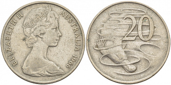 Австралия 20 центов 1966 Елизавета II (1952-2022), утконос KM 66 медно-никель 4536-1245