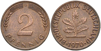ФРГ 2 ПФЕННИГА 1970 D KM 106a, Jager 381a сталь плакированная сталь плакированная медьюю 4546-957