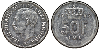 Люксембург 50 франков 1987 Великий герцог Жан (1964-1999) KM 62 никель 4143-136