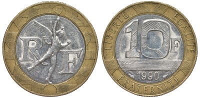 Франция 10 франков 1990 тип Гений Бастилии KM 964.1, Le Frank 375.5 биметалл 45-816