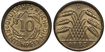 ГЕРМАНИЯ 10 РЕНТЕНПФЕННИГОВ 1923 D, KM 33, J. 309 алюминиевая бронза UNC 413-3913