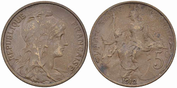 ФРАНЦИЯ 5 САНТИМОВ 1912 ТИП ДАНИЭЛЬ ДЮПЮИ KM 842, LE FRANC 119.24 бронза 108-934