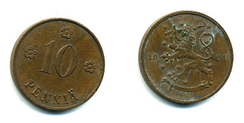 Финляндия 10 пенни 1924 республика (1918-1962) KM 24 медь 46-2526