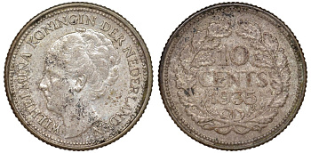 Нидерланды 10 центов 1935 Вильгельмина I (1890-1948) КМ 163 серебро 4174-143