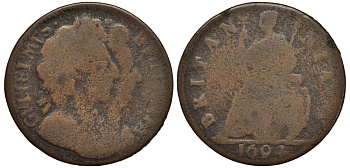 Англия 1 фартинг 1694 Вильгельм III и Мария II (1688-1694) Spink 3453 медь 1520-1213