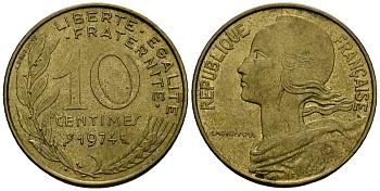 Франция 10 сантимов 1974 тип Marianne KM 929 алюминиевая бронза 4136-414