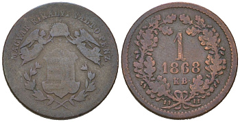 Венгрия 1 крейцер 1868 KB, Франц Иосиф I (1848-1916) KM 441 медь 4615-439