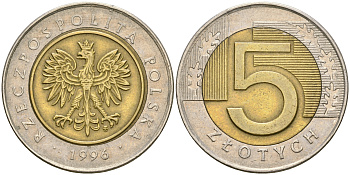 Польша 5 злотых 1996 MW KM 284 биметалл 4364-2727