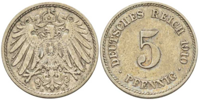 Германия 5 пфеннигов 1910 E KM 11, J. 12, Weege 6 медно-никель 206-959