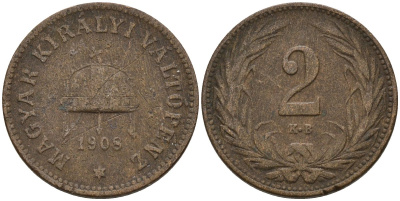Венгрия 2 филлера 1908 KB, Франц Иосиф I (1848-1916) KM 481 бронза 4151-943