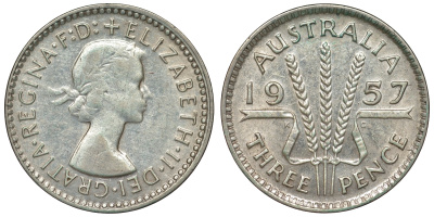 Австралия 3 пенса 1957 m, Елизавета II (1952-2022) KM 57 серебро 71-511