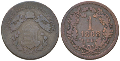 Венгрия 1 крейцер 1868 KB, Франц Иосиф I (1848-1916) KM 441 медь 4615-439