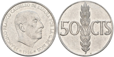 Испания 50 сентимо 1966 Франсиско Франко (1939 - 1975) KM 795 алюминий 4155-256