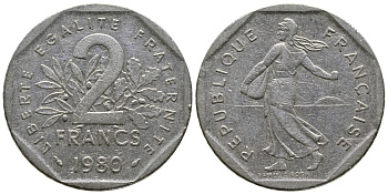 ФРАНЦИЯ 2 ФРАНКА 1980 СЕЯТЕЛЬ KM 942.1, LE FRANC 272.4 никель 36-124