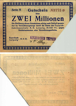 ЛЕЙПЦИГ 2000000 МАРОК 1923 НОТГЕЛЬД, 18 АВГУСТА 1923, СЕРИЯ А, НАДПЕЧАТКА AUERBACHER TEPPICH FABRIK (КОВРОВАЯ ФАБРИКА), ПОГАШЕНА бумага 8608-15-1-1