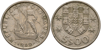 Португалия 5 эскудо 1980 KM 591 медно-никель 4156-546