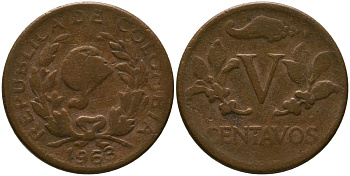 Колумбия 5 сентаво 1963 KM 206, Schon 27, Hernandez 382, Restrepo 370.26 медь 4576-1242