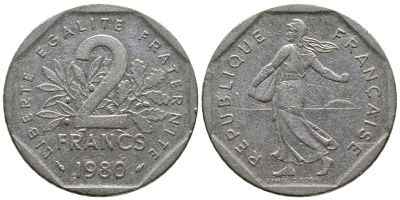 ФРАНЦИЯ 2 ФРАНКА 1980 СЕЯТЕЛЬ KM 942.1, LE FRANC 272.4 никель 36-124