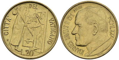 ВАТИКАН 20 ЛИР 1981 ГОД III, ИОАНН ПАВЕЛ II (1978-2005) KM 156 алюминиевая бронза 4519-315