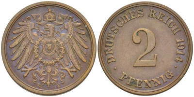 ГЕРМАНИЯ 2 ПФЕННИГА 1914 E KM 16, J. 11, Weege 4 медь 206-645