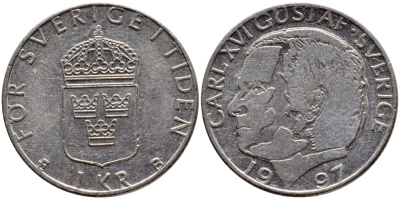 Швеция 1 крона 1997 Карл XVI Густав (1973- ) KM 852a медно-никель 4382-1012