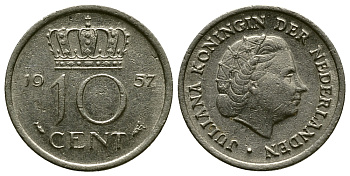 Нидерланды 10 центов 1957 Юлиана (1948-1980) KM 182 никель 45-1166