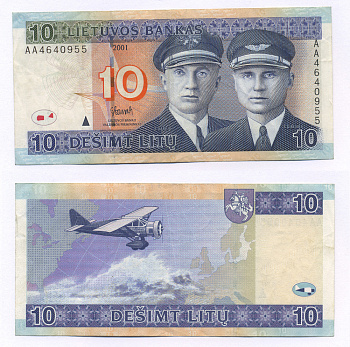 ЛИТВА 10 ЛИТОВ 2001 AA Pick 65 бумага 7205-25-3