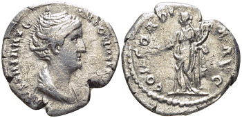 Римская Империя денарий 138 - 139 Фаустина Старшая, жена Антонина Пия CONCORDIA AVG Конкордия, персонификация Согласия, Рим Very fine RIC 329 серебро 1073-15-57