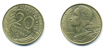 ФРАНЦИЯ 20 САНТИМОВ 1988 KM 930 медь алюминий никель 25-255