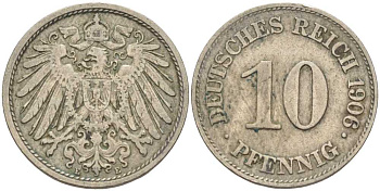 ГЕРМАНИЯ 10 ПФЕННИГОВ 1906 E KM 12, J. 13 медно-никель 34-933