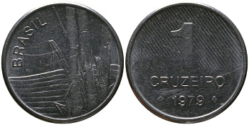 Бразилия 1 крузейро 1979 KM 590, Schon 99 нержавеющая сталь aUNC 4567-968