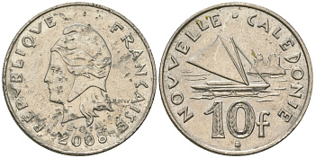 Французская Новая Каледония 10 франков 2008 рыбачья парусная лодка, (IEOM) KM 11a, Schoen 13a, Lec 99k медно-никель 60-352