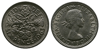 Великобритания 6 пенсов 1963 Елизавета II (1952-2022) KM 903, Spink 4149 медно-никель 4381-763