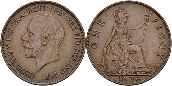 Великобритания 1 пенни 1936 Георг V (1910-1936) KM 838, Spink 4055 бронза 4149-741