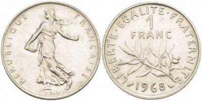 ФРАНЦИЯ 1 ФРАНК 1968 СЕЯТЕЛЬ KM 925.1 никель 4402-1117